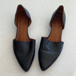 Womens black leather slip-on wedge shoes, Sixtyseven, sz 38. Crocodile embossed.